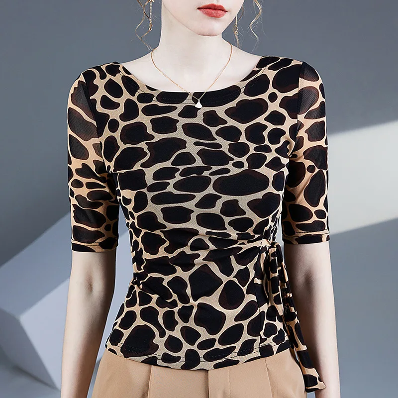 ملابس الرقص النسائية الأعلى ليوبارد طباعة الرباط اللاتينية السامبا الأوسط الأكمام أعلى ممارسة الزي شبكة قميص خط الرقص قمم للنساء