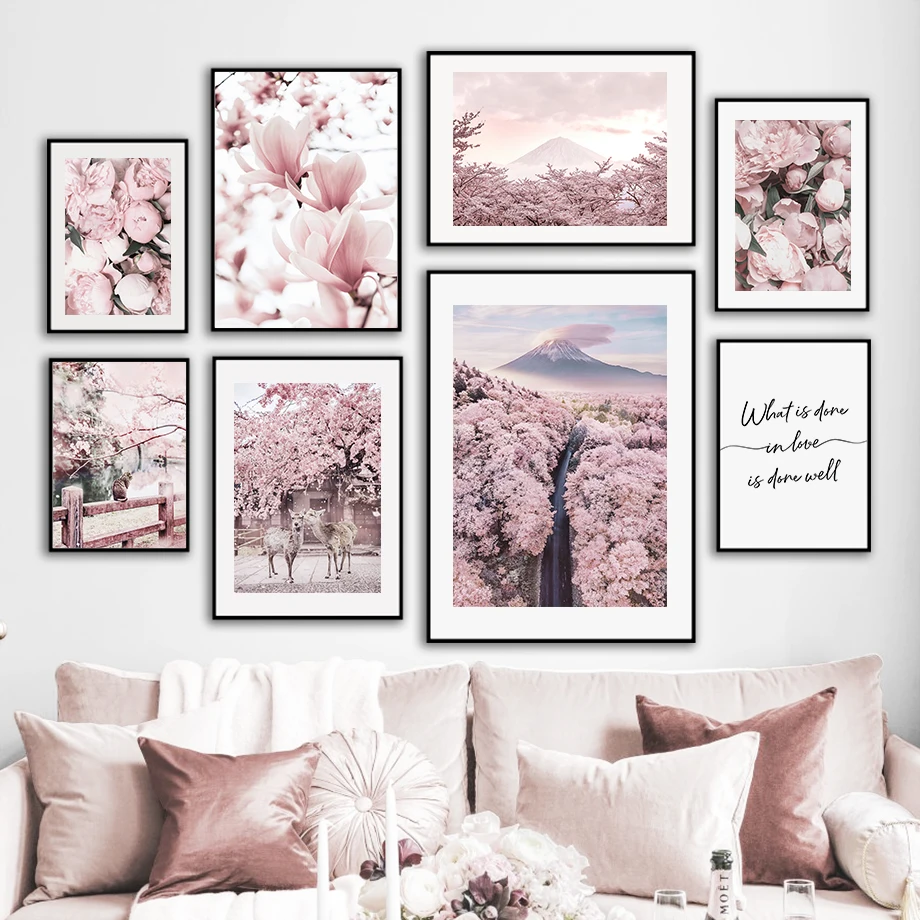 Mount Fuji, Kirschblüten, Hirsch, Katze, Wandkunst, Leinwandgemälde, nordische Poster und Drucke, Bilder für Wohnzimmer, Heimdekoration