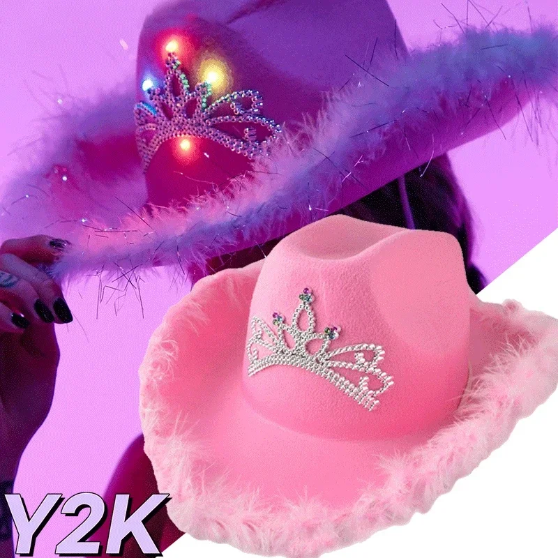 Women\'s Pink West Cowgirl Hat Girls Tiara Feather Felt Western Sequin Cowboy Cap Costume Party Dress Jazz Caps Cosplay Props