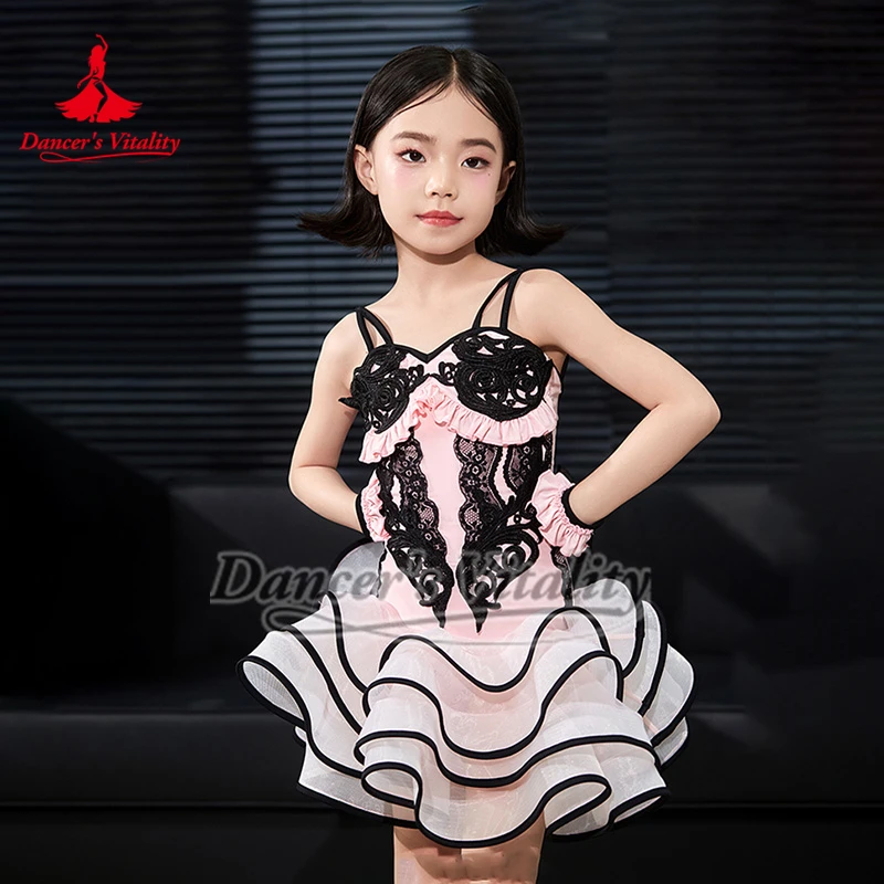 Vestidos de baile latino con dobladillo bouffant y patrón de encaje rosa para niños, traje de práctica sin mangas con tirantes para bailarina, vitalidad, Chacha, Samba