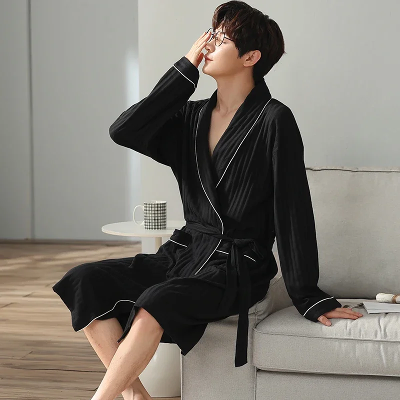 Plus Size 3XL 4XL Men Long Bathrobe Sleepwear Black Bridegroom Wedding Robe Spring Autumn Sleepwear Nightwear Cotton Home Wear