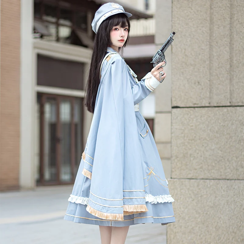 Medieval Retro Japanese Lolita Coat Cloak Military Style Cape Hat Set Long Sleeves Ruffle Classic Gothic Lolita Dress Harajuku