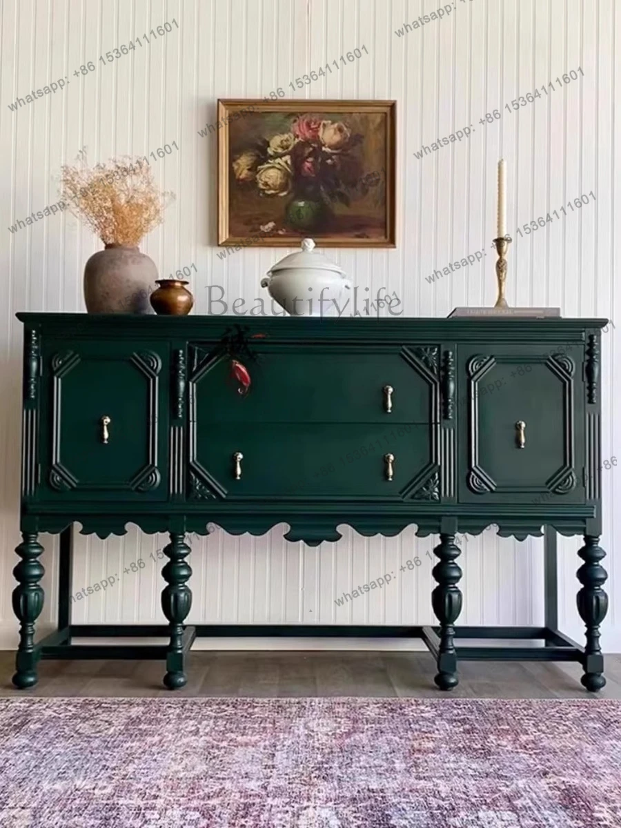 French retro solid wood porch cabinet living room decoration dark green carved dining side cabinet