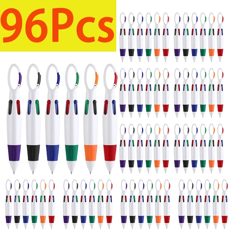 

96Pcs Retractable Shuttle Pens with Carabiner Clip 4-in-1 Ballpoint Pens Multicolor Pens with Buckle Keychain on Top