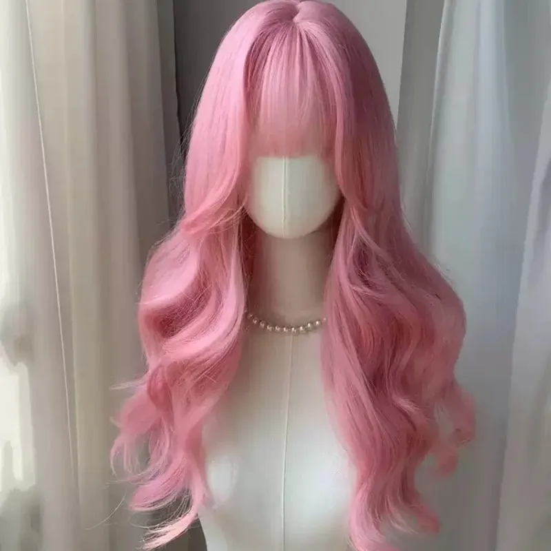 Light Pink Long Wavy Wig for Women, Big Wave Full Head Synthetic Hair Wig with Bangs, Natural Looking Daily Party Wig