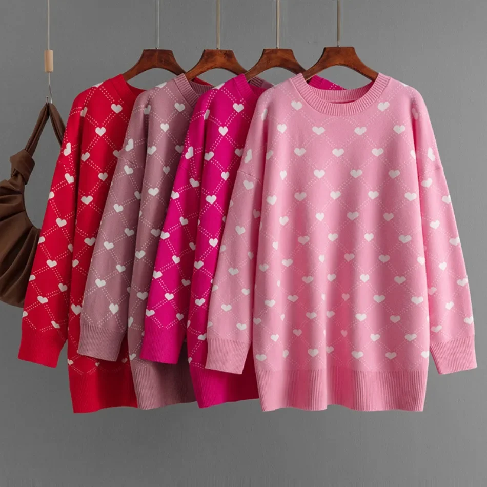 

New Autumn Winter Knit Women's Pullovers Heart Print O-Neck Basic Vintage Casual Oversized Jumper Thick Warm Sweaters for Women