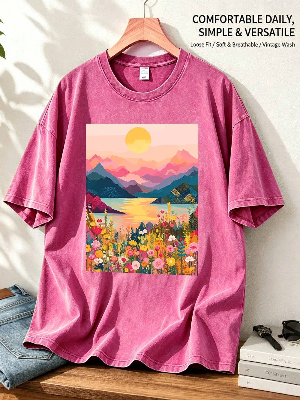 Mountain Lake Sunset Wildflower Prints Washed T-Shirt Women Cotton Oversized Tops Summer Comfortable O-Neck Tees Casual Clothes