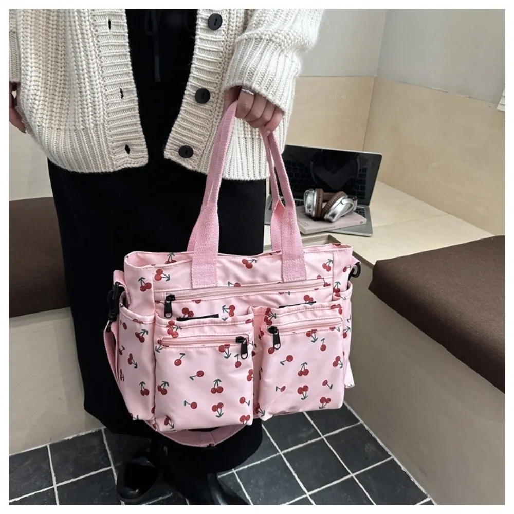 Casual Large Capacity Tote Bag Multi-Pocket Cherry Print Crossbody Bag Adjustable Strap Waterproof Shopping Bag