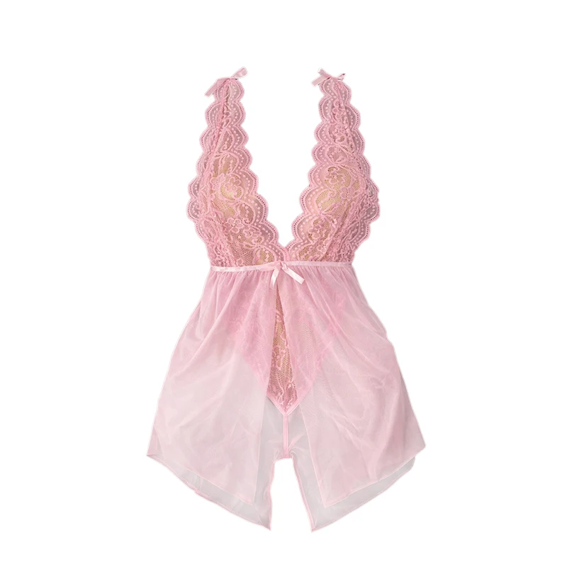 

1 шт. Сексуальная прозрачная ночная сорочка с глубоким V-образным вырезом и кружевными вставками для женщин, соблазнительное белье для сна.