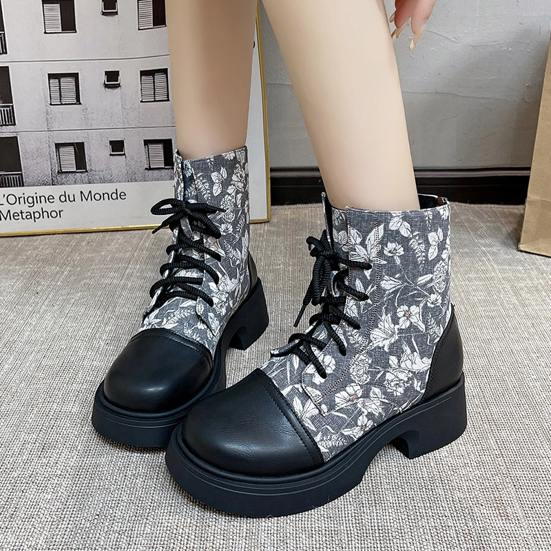 Pumpkin Print Chunky Heels Ankle Boots Women 2024 Autumn Winter PU Leather Booties Woman Fashion Lace Up Platform Combat Boots