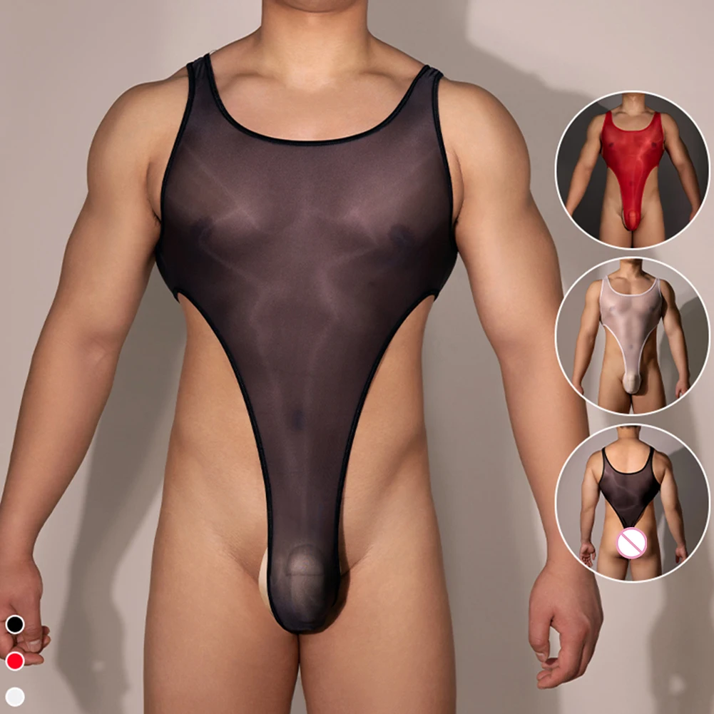 

1pc Mens Stretch Transparent Thongs Leotard Lingerie High Cut Swimwear Bodysuit Sleeveless Jumpsuits For Man