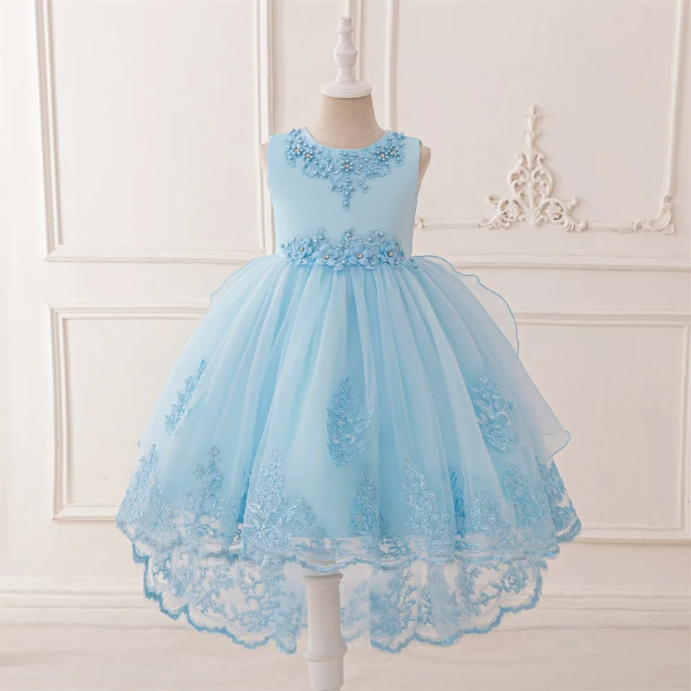 Girls Beading Trailing Party Princess Gown Kids Pink Flower Embroidery Dresses Young Girl Fashion Bow Clothes Children Costumes