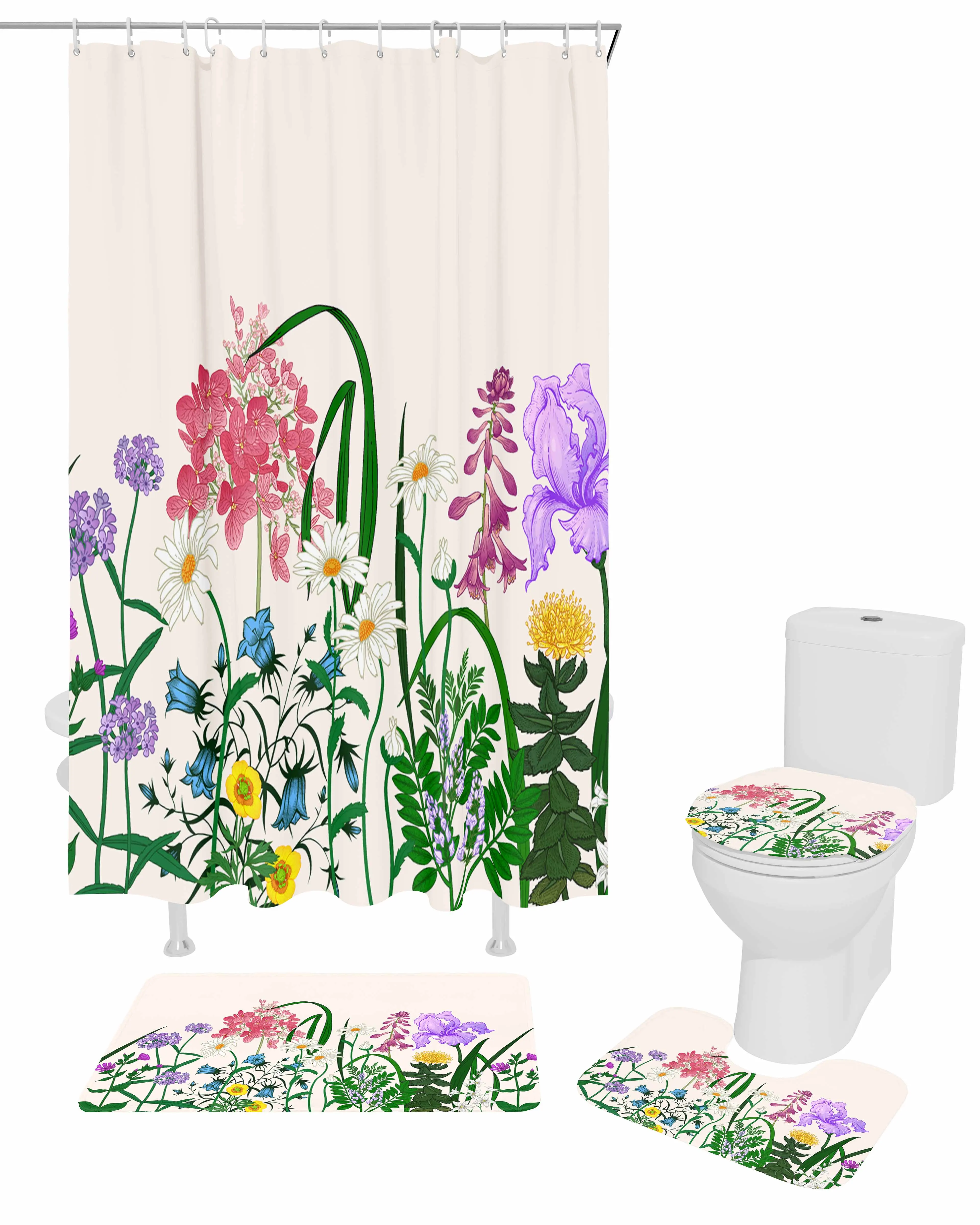 Spring Plants Flowers Herbs Shower Curtain Non-Slip Rugs Toilet Lid Cover and Bath Mat Bathroom Curtains with Hooks