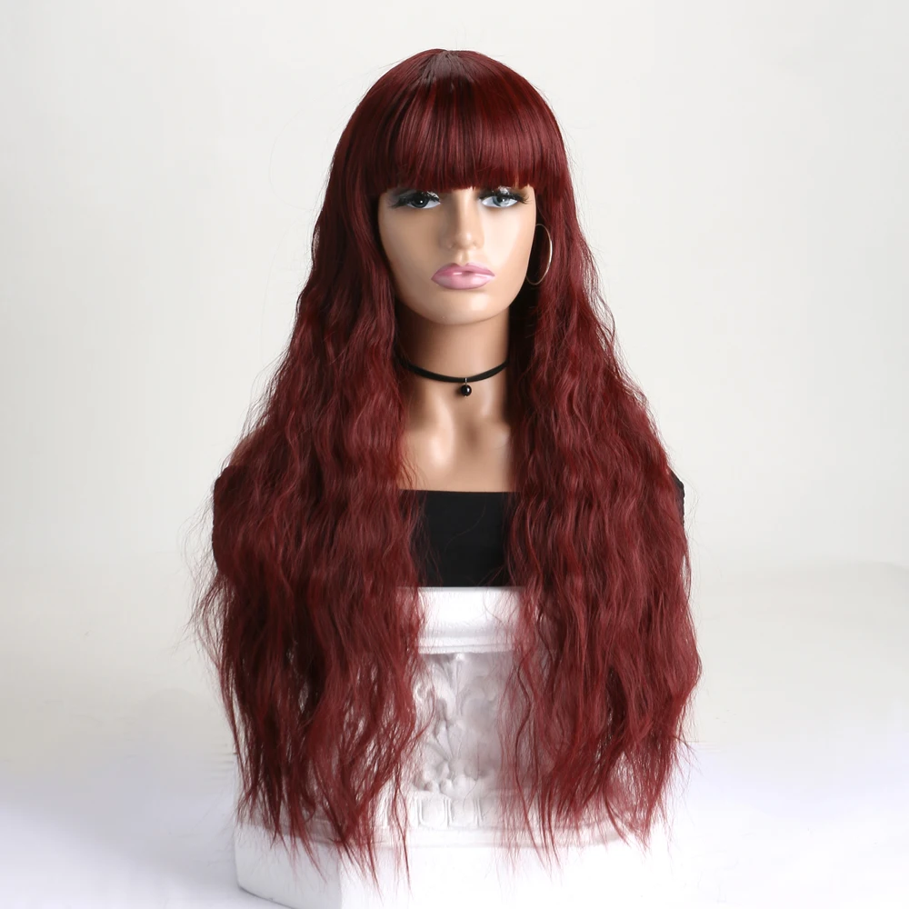 

26 Inch Wine Red Synthetic Long Wig For Women Natural Wave Wigs With Bangs Fake Hair For Daily Halloween Birthday Holiday