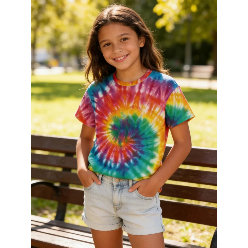 Eye-catching and vibrant children's tie-dye PrintingT Shirt Dazzling rainbow hues Silky soft fabric