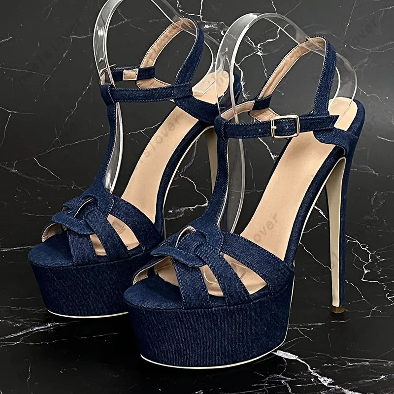 Ahhlsion New Fashion Women sandali estivi T-strap Sexy tacchi a spillo Open Toe Pretty Blue Party Shoes Ladies US Size 5-20