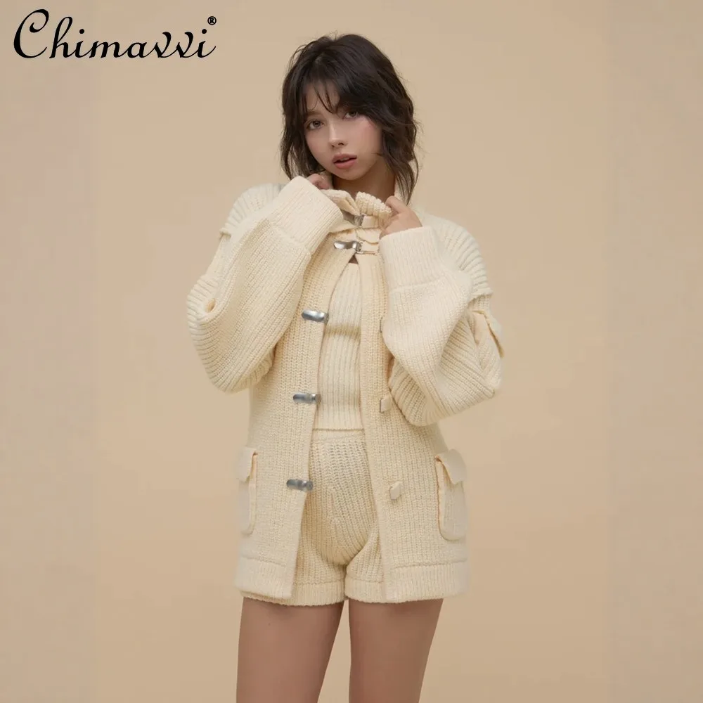 

Japanese Style Fashion Knitted Outfit New 2026 Spring Women's Slim Fit Casual Knitted Cardigan Jacket Shorts Vest 3-Piece Set