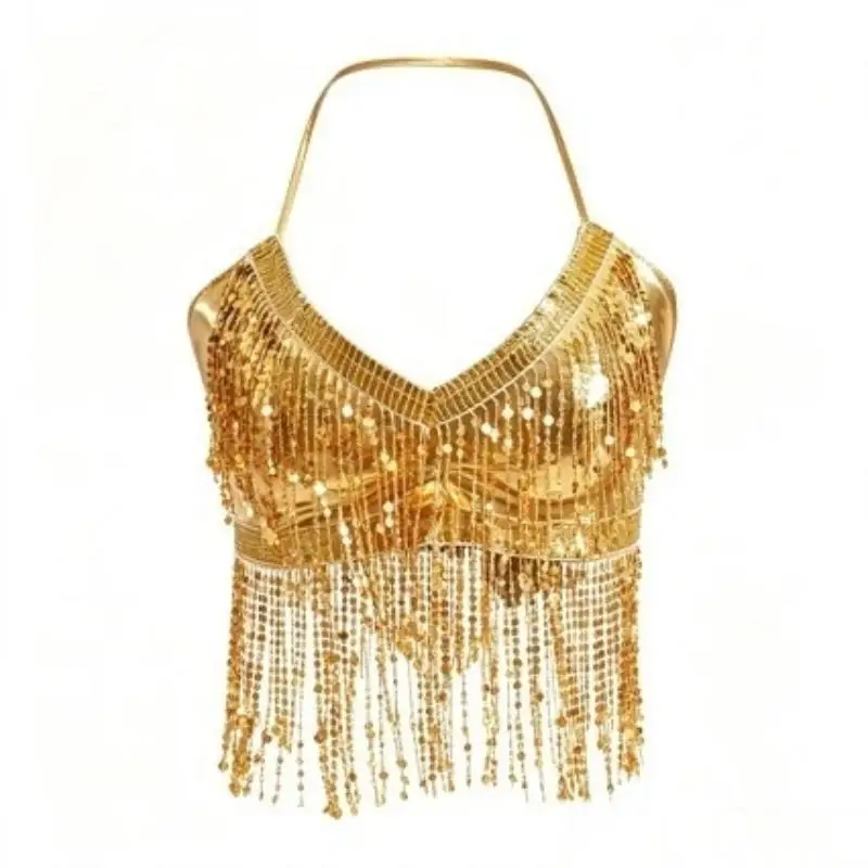 Glitzerndes Crop-Top mit Fransen und Neckholder, glänzendes, rückenfreies, figurbetontes Oberteil mit Pailletten für Damen, Rave, Tanz, Nachtclub, Party – Detail 6