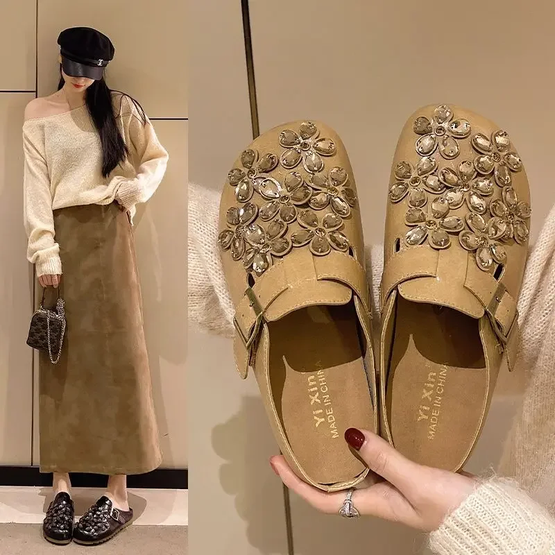Women's Floral Rhinestone Buckle Strap Closed Toe Slip on Mule Clogs Vintage Casual Daily Outdoor Footwear Drop Shipping Gift view 4