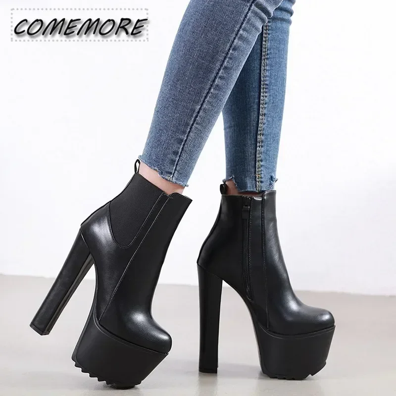 Thick High Heels Shoes Women‘s Platform Elastic Band Side Zipper Chelsea Black Ankle Boots Elegant Comfortable Autumn Spring PU