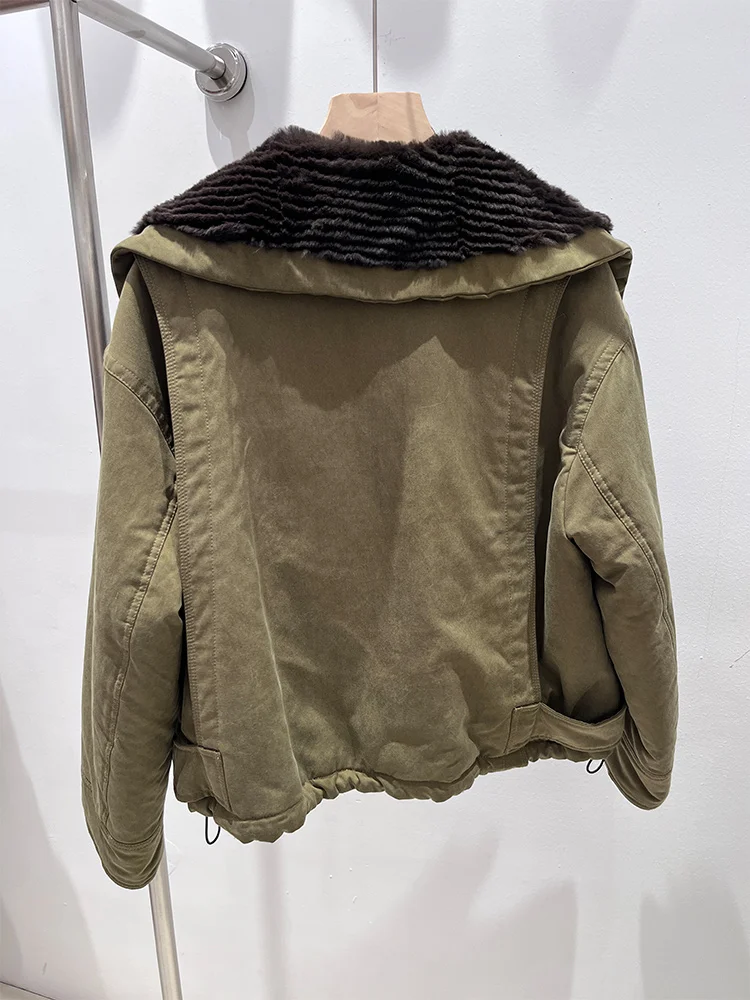 2025 mulheres inverno quente natural rex coelho pele jaquetas gola de pele casaco grosso feminino outwear