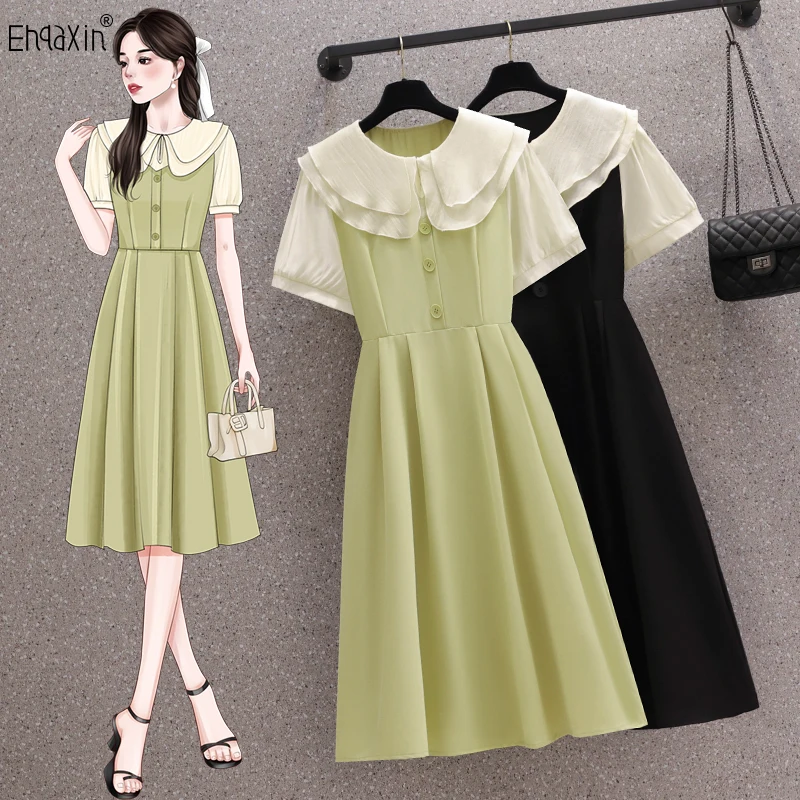 

EHQAXIN 2023 Summer Womens Dress Elegant New Contrast Color Panel Double Layer Collar Buttons Short Sleeve A-Line Dresses M-4XL