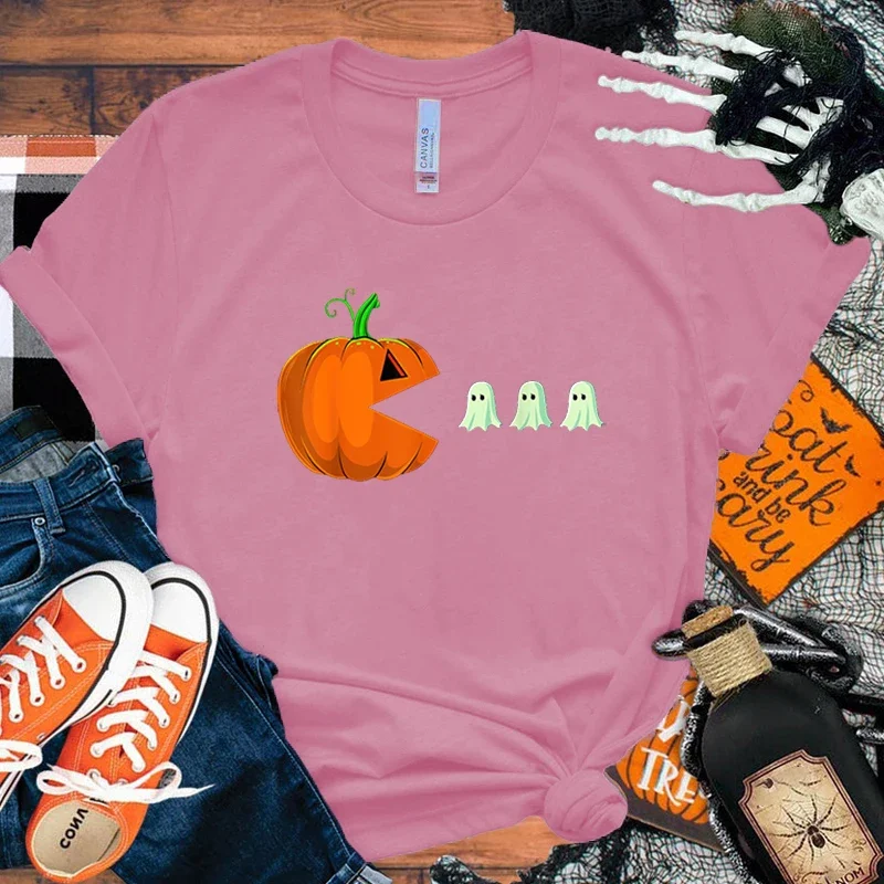 Halloween Pumpkin Boo Letter Print Koszulki z krótkim rękawem Damskie koszulki z dekoltem Letnie wygodne miękkie koszulki Topy Rozmiar Xxs-4Xl