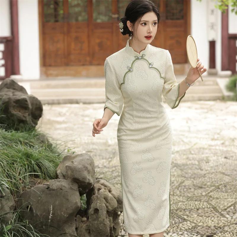 Yourqipao 2024 Autumn 3/4 Sleeve Cap Sleeve Chinese Traditional Cheongsam Evening Dresses Retro Women's Hanfu Tang Suit Skirt