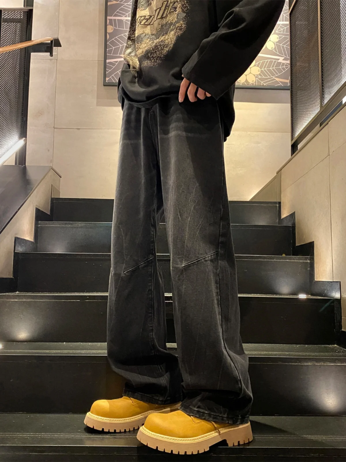 American Retro Black Jeans Men's Loose Straight Leg Large Size Long Trousers Trendy Autumn New Design Sense Pants