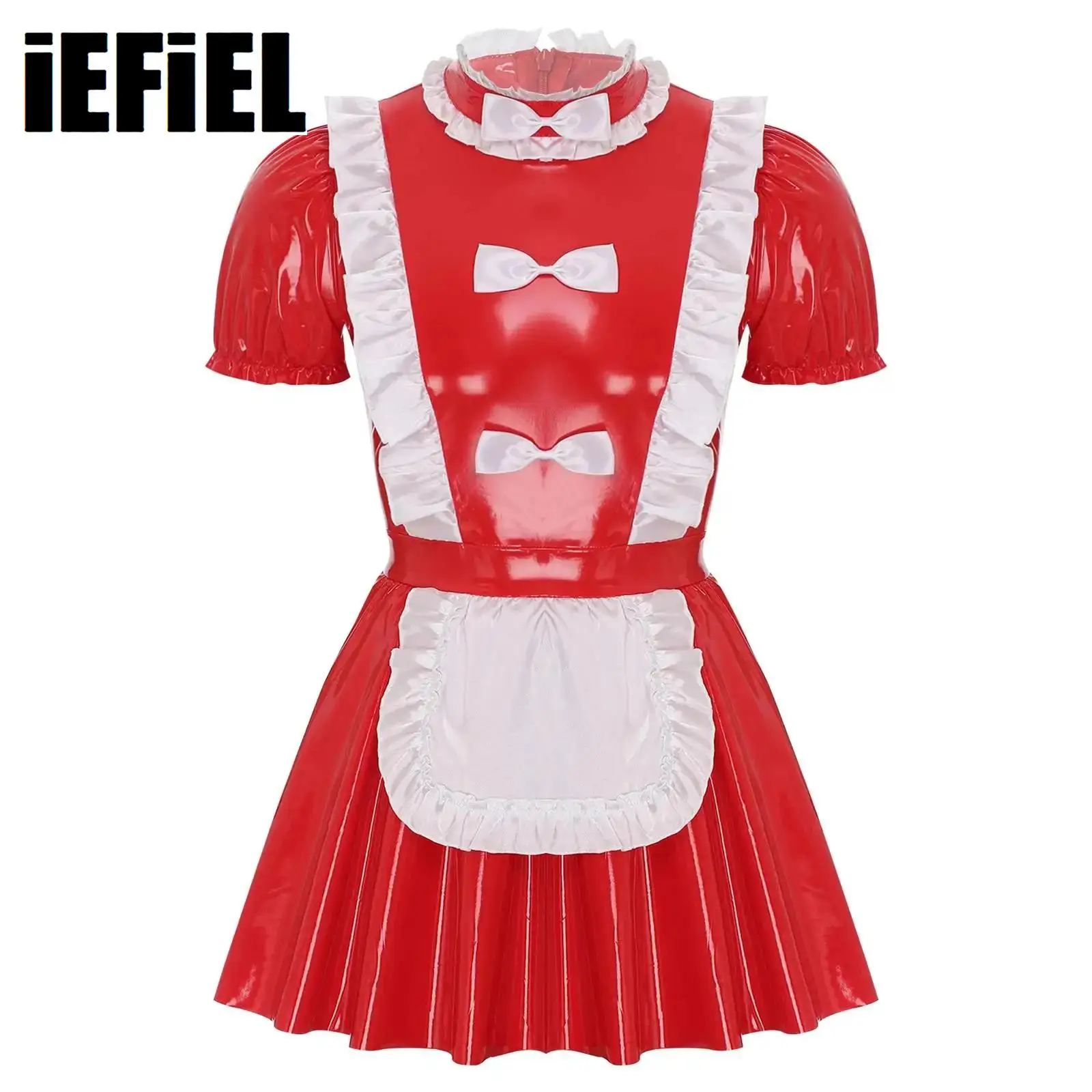 

Sissy Men's Maid Dress Ruffles Trims Bow Apron Puff Sleeve A-Line Dress Naughty Maid Uniform Glossy Patent Leather Clubwear