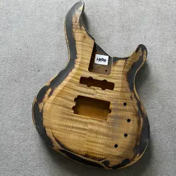 HB941  Natural Flamed Maple with Solid Redwood Active Electric Bass Body Unfinished for Bass DIY Replace Guitar Parts