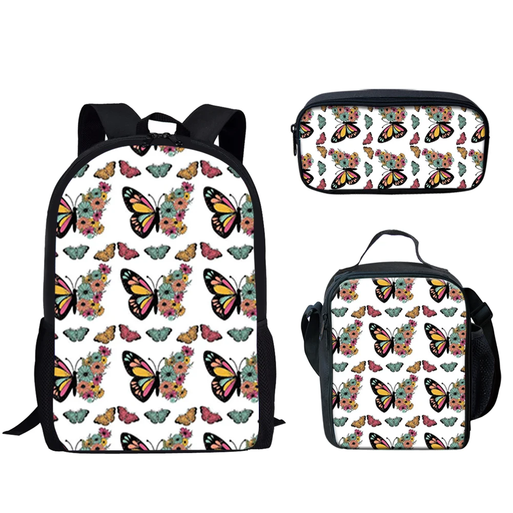 3Pcs Schoolbag for Teen Boys Girls Butterfly Floral Print Backpack for Prmary Students Back to School Large Capacity Backpack