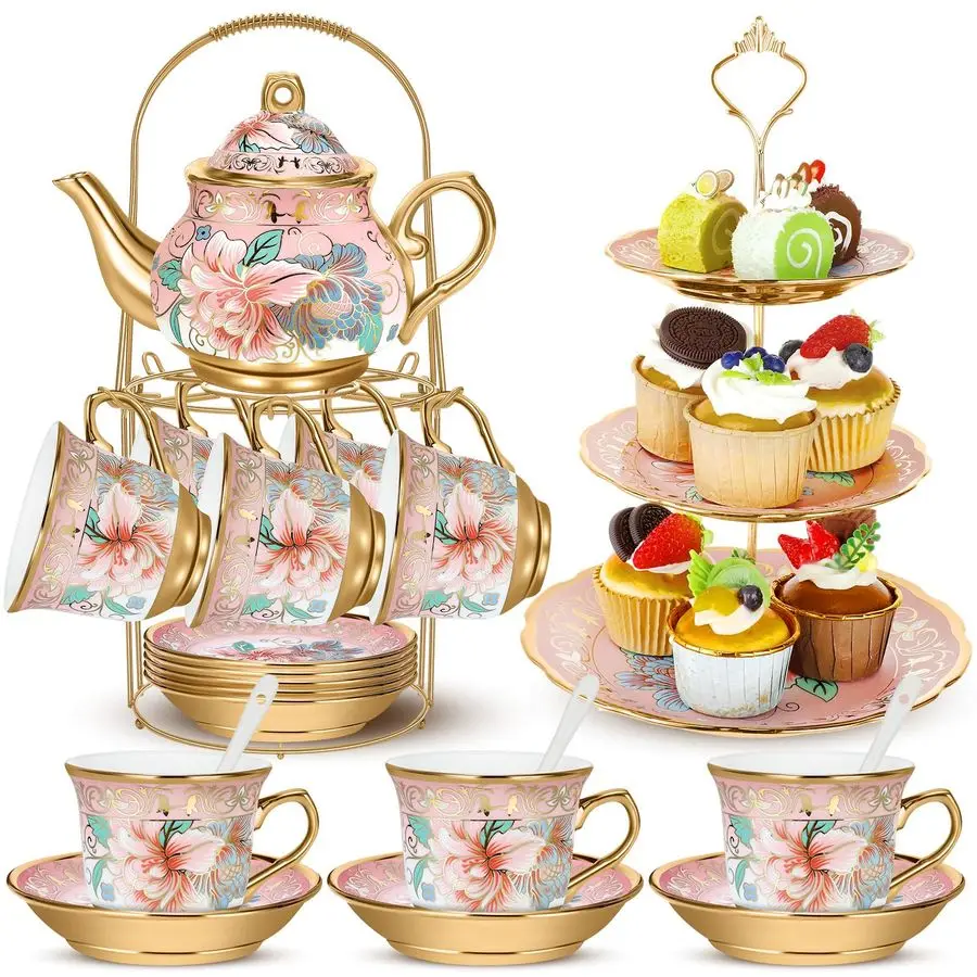 Juego de Teteras de Cerámica, Tazas de Té de Porcelana Vintage con Soporte de Metal y Base Elevada para Tazas, Platos para Postres para Mujeres y Niñas, Estilo Rústico