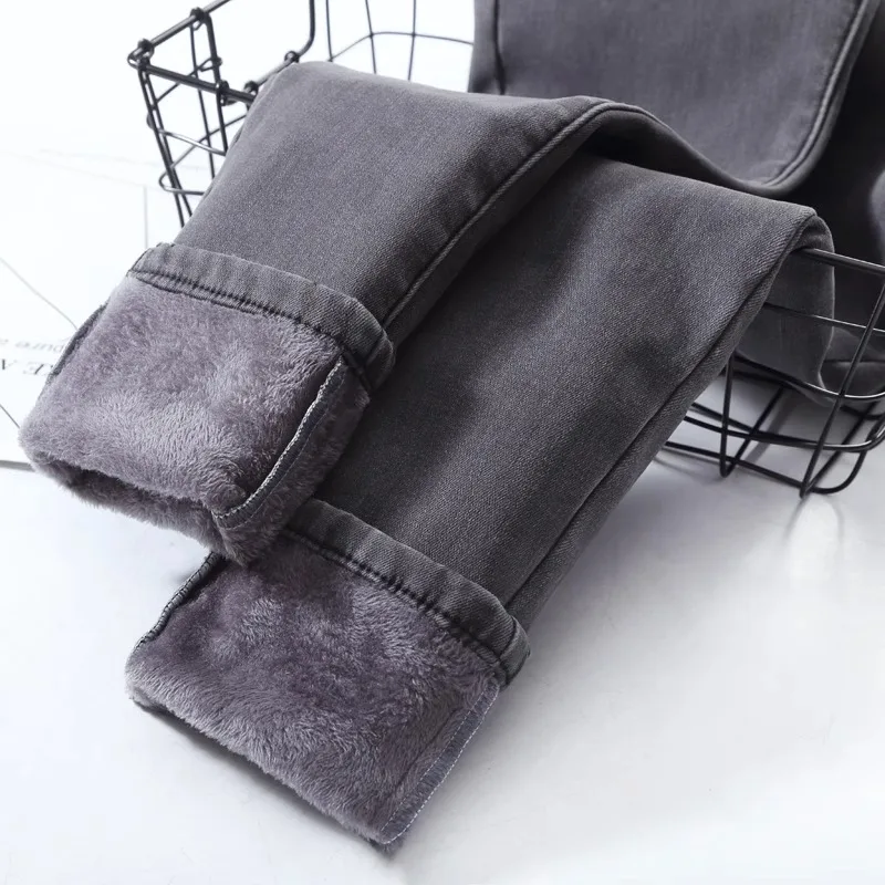 

High Waist Thickened Fleece Denim Jeans Women's Winter Large Size Fat MM Outdoor Wear Tight Slimming Velvet Pants