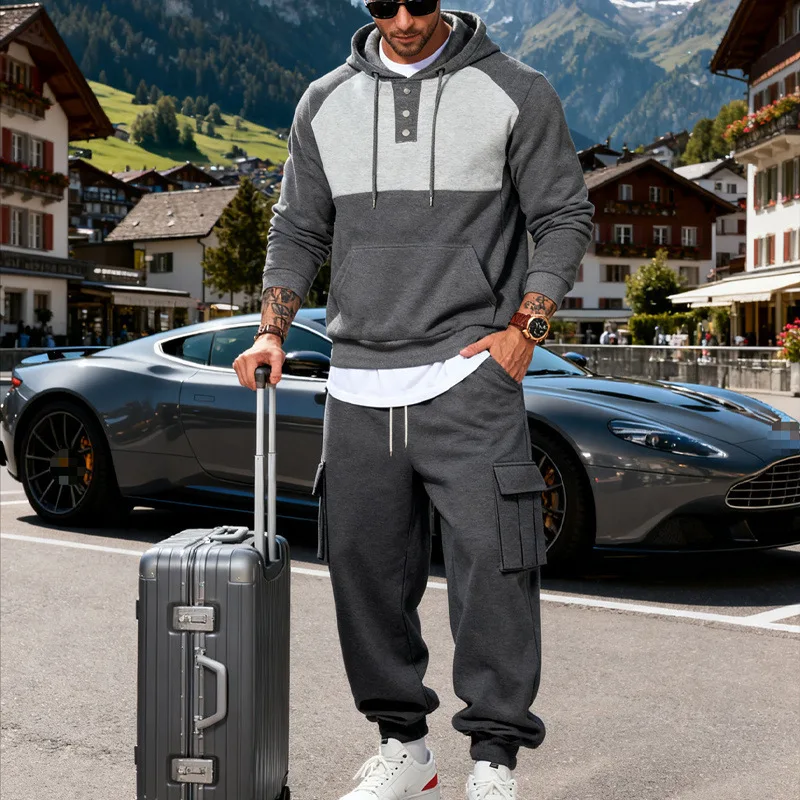 Men's Color Block Hoodie Set Casual Half Button Hooded Sweatshirt Cargo Jogger Pants 2 Piece Tracksuit gallery 5