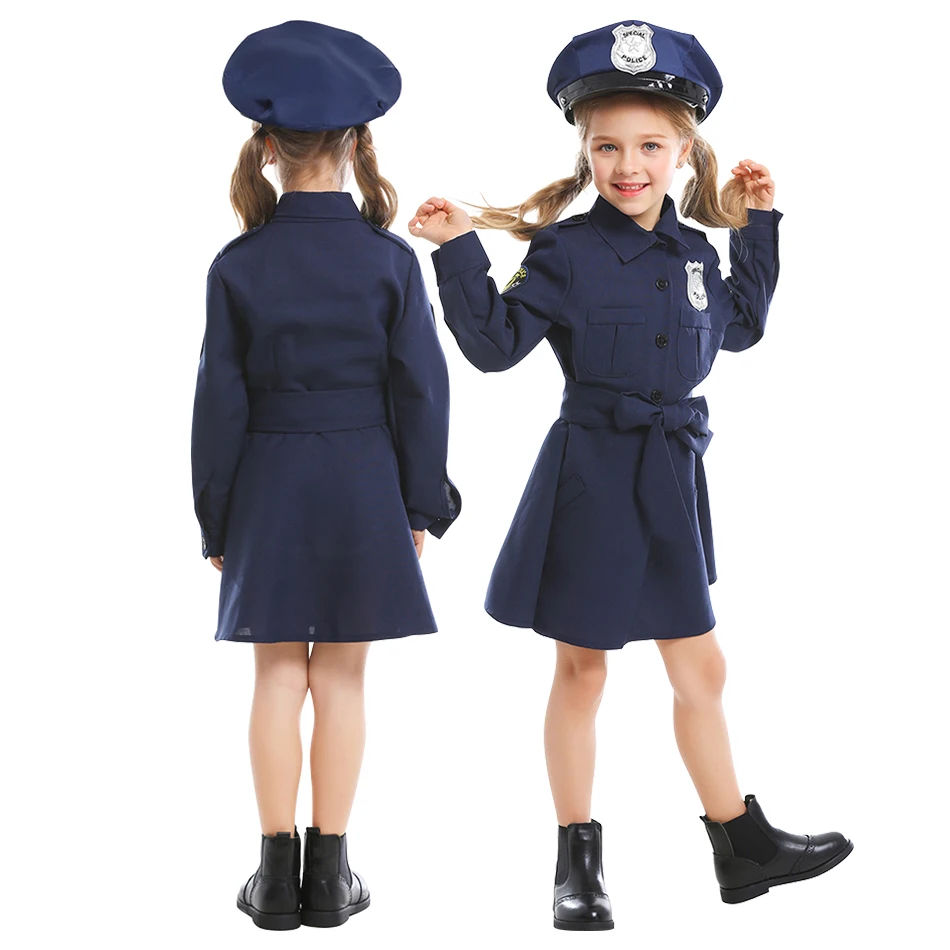 Little Girls Halloween Costumes Kids Cosplay Police Long Sleeve Slim Fit Uniform Dresses Girls Themed Celebrations Dresses