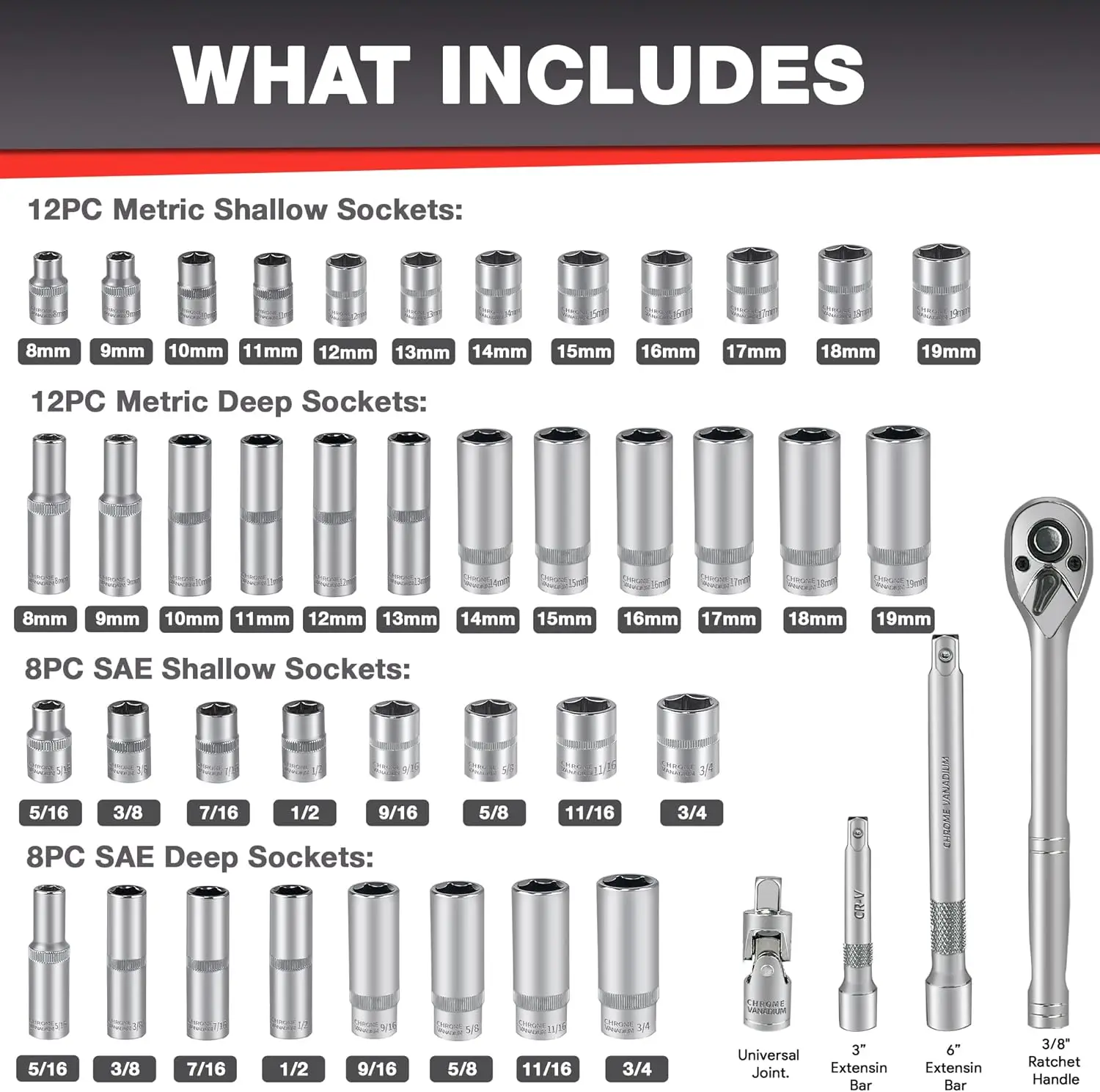 44pcs 3/8" Drive Impact Socket Set Drive Master Socket Set SAE/Metric Deep & Shallow with 3/8" Drive Head Ratchet