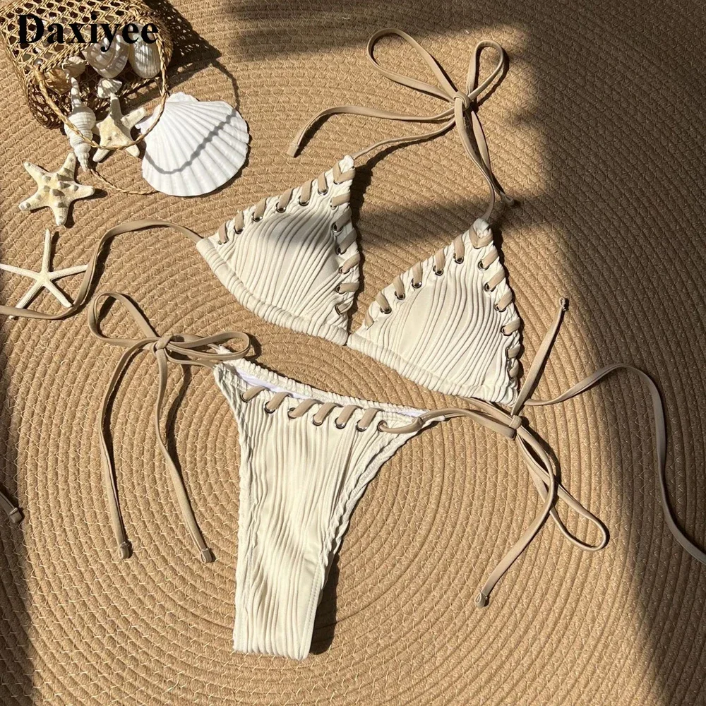 Sexy Micro Bikinis Sets 2025 Women Halter Weave Bandage Patchwork Swimsuit Brazilian Beach Bathing Suit Side Tie Thong Swimwear