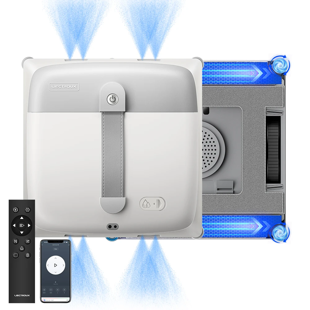 Fensterputzroboter Liectroux G9, 2 Vibrierende Bionikarme, 8-fache Wasserpumpen-Sprühfunktion, 10000Pa Saugleistung, Brushless-Motor, Rahmenlos, 8 Mikroschalter, App- & Fernbedienung, Sprachansagen