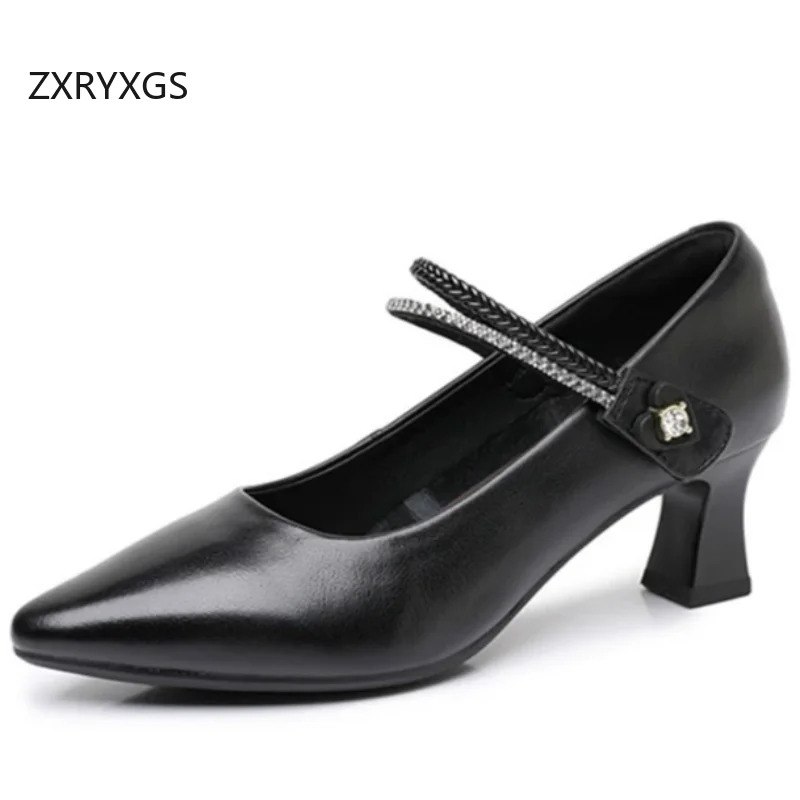 ZXRYXGS Premium Cowhide Pointed Tip Rhinestone Pumps Women Shoes New 2026 Elegant Temperament High Heel Shoes Shoes Size 31-43