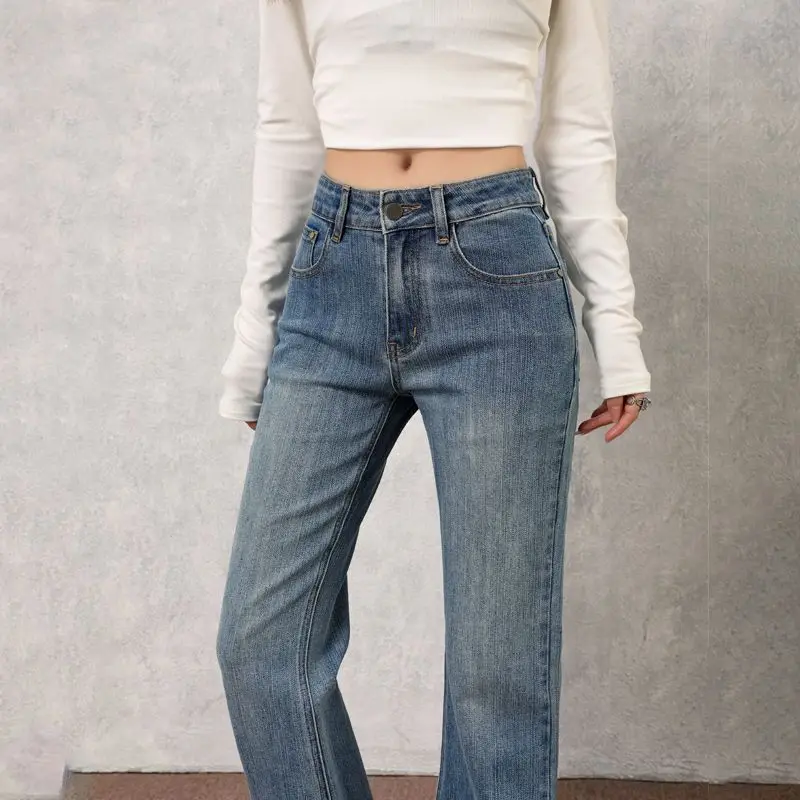 คอลเลกชันฤดูใบไม้ร่วงใหม่ของกางเกงยีนส์ทรงหลวมเอวกลาง-ต่ำสไตล์เรโทรเนื้อผ้าลายไม้ไผ่แบบอเมริกันสำหรับผู้หญิง