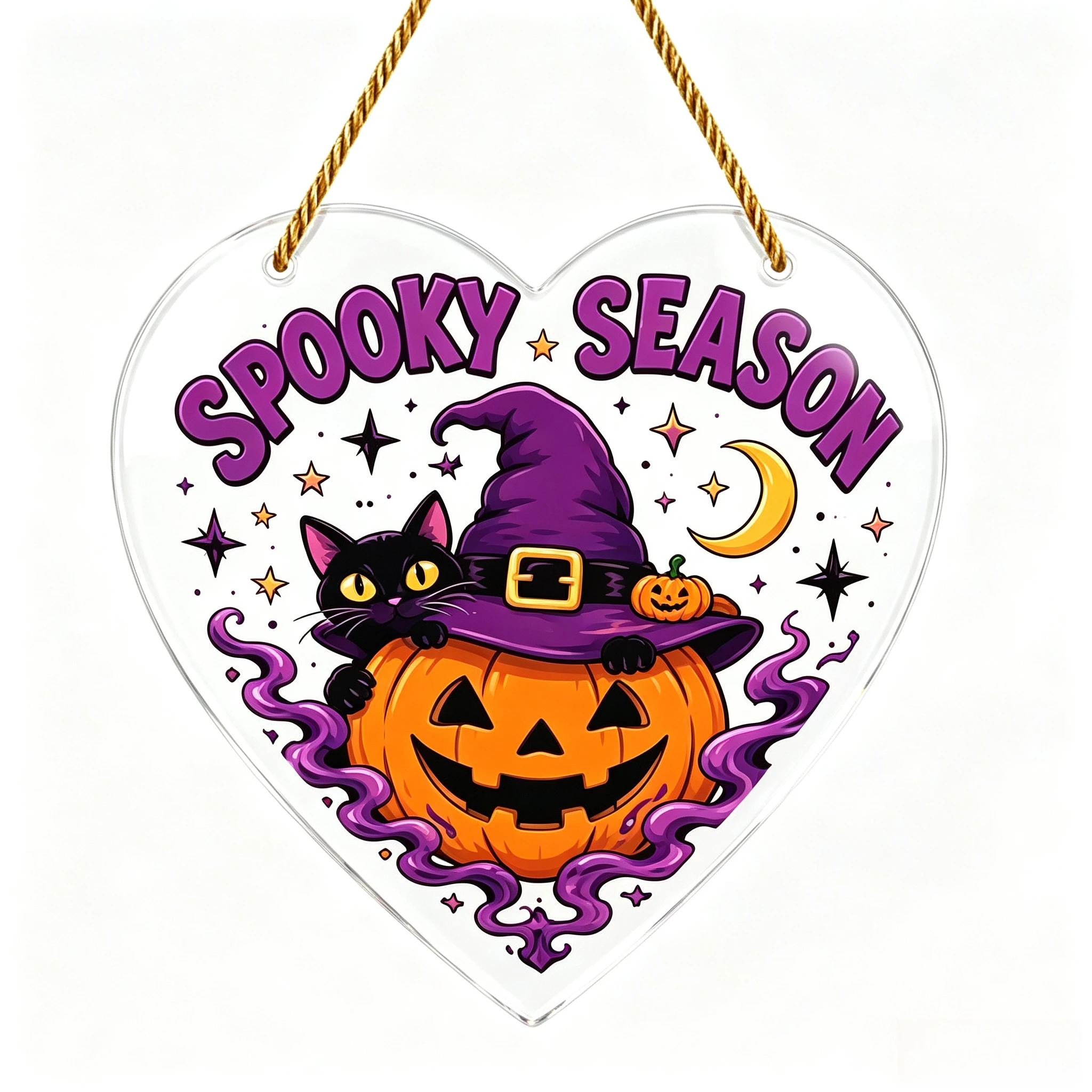 Heart Acrylic Halloween Hanging Plaque, Cute Black Cat Inside Jack‑o‑Lantern Purple Magic Smoke Indoor Wall Ornament