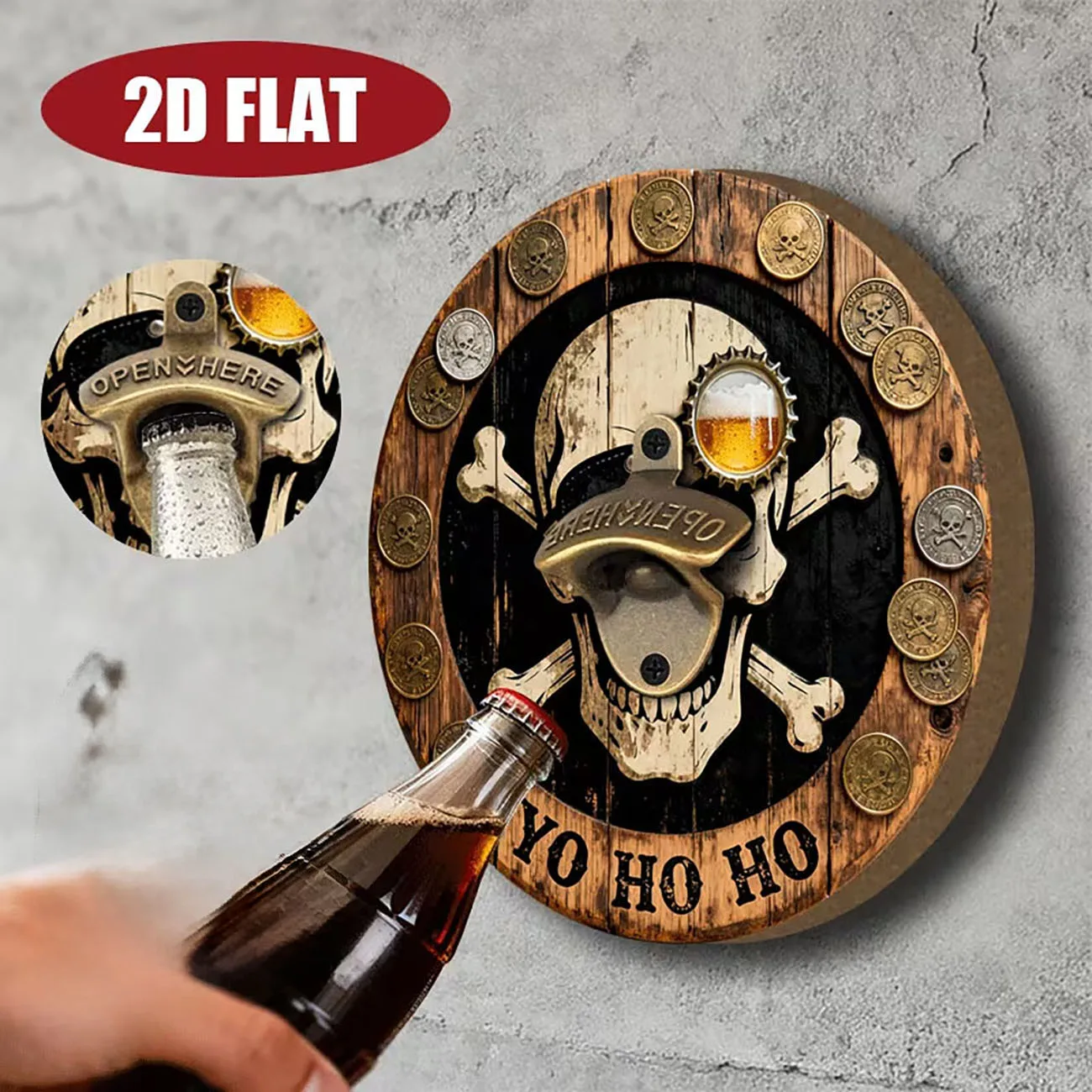 1pc 2D Flat Round Wooden Wall Bottle Opener, Pirate Skull Crossbones Coin Print Wood Sign for Bar & Man Cave Wall Decor