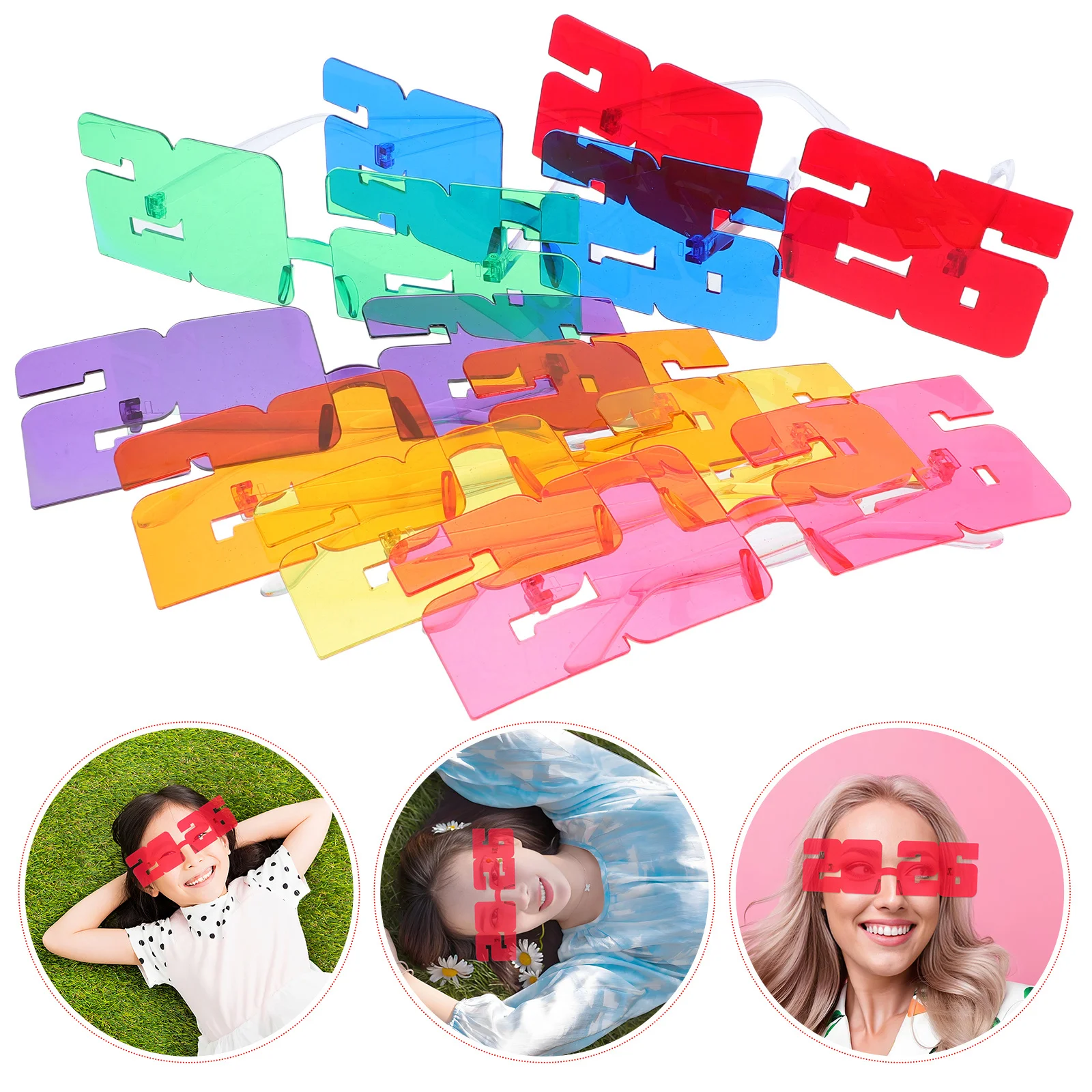 

7Pcs Novelty Plastic Glasses 2026 New Year Party Eyeglasses Bright Color Photo Props for Stage Performance Holiday Gathering