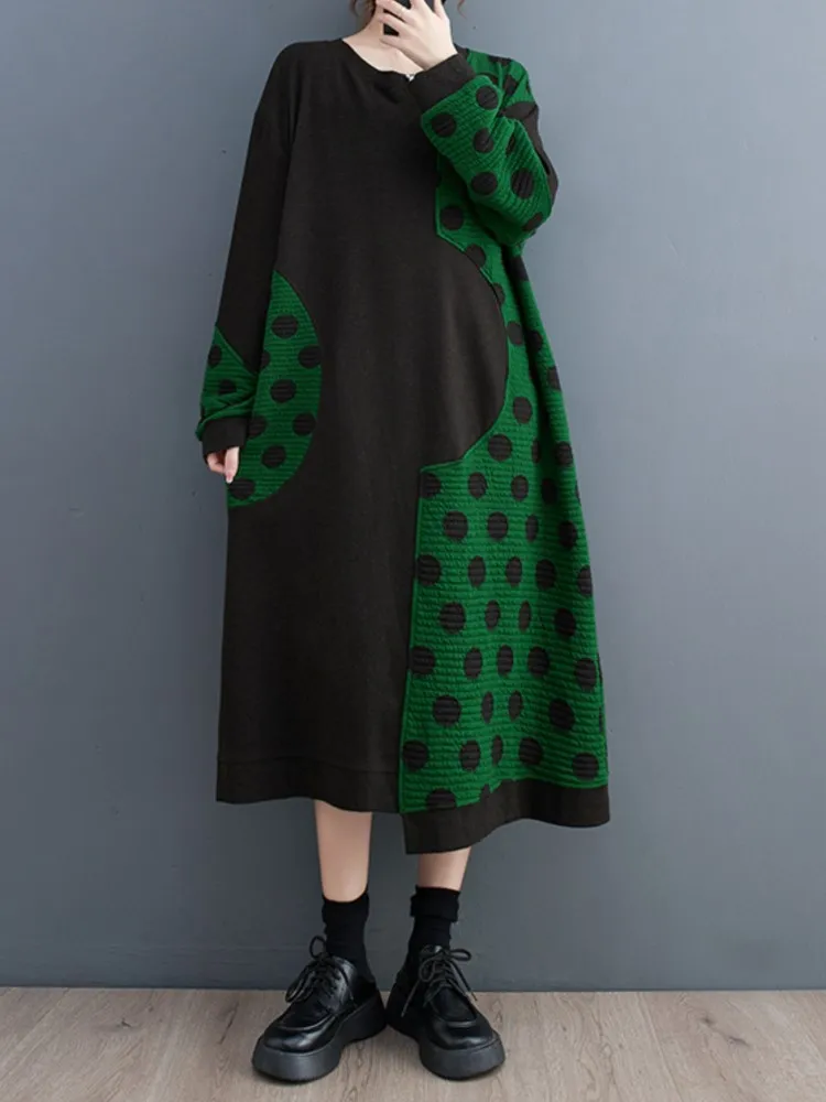 Oversized Spring Autumn Midi Dress Women Polka Dot Print Patchwork Fashion Loose Pleated Ladies Dresses Long Sleeve Woman Dress