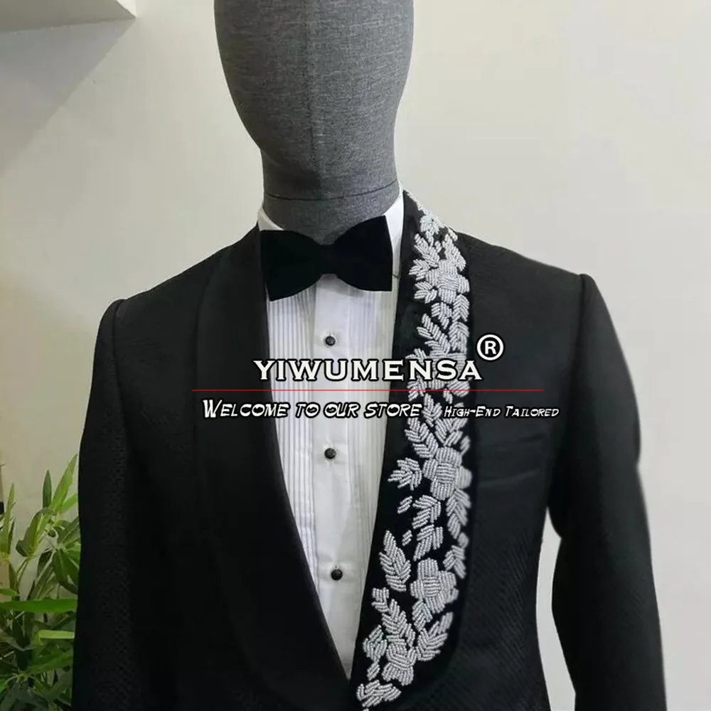 Classic Groom Wedding Suits Slim Fit Handmade Beaded Lapel Jacket Pants 2 Pieces Male Fashion Boyfriend Tuxedos Traje Hombre