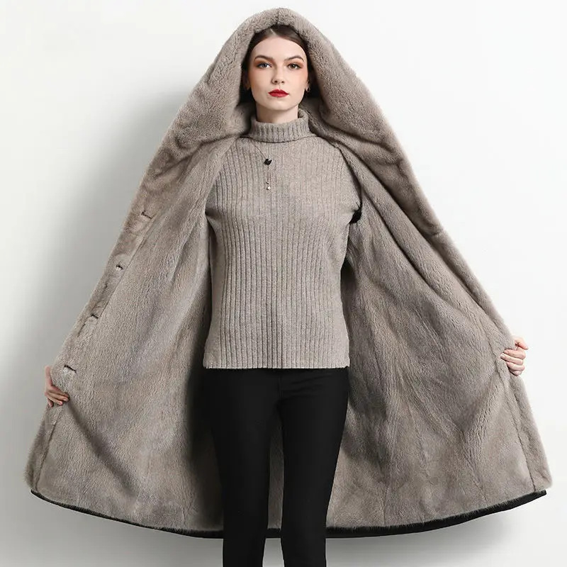 

Windproof Long Lady Faux Fur Outwear Fleece Lined Women Winter Mink Fur Jacket Black Single Breasted Hooded Female Eco Fur Coat