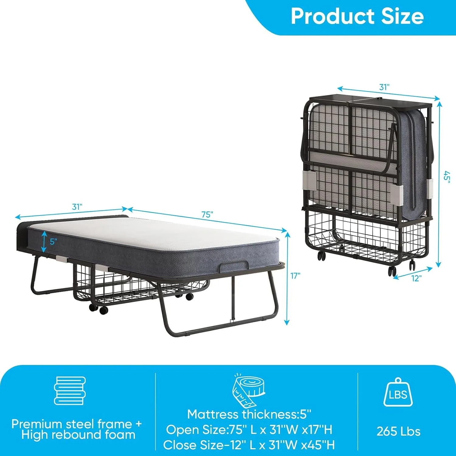 Folding Bed, 75" x 31" Rollaway Bed with 5" Mattress for Adults, Headboard & Dustproof Cover & Storage, Customized image 3