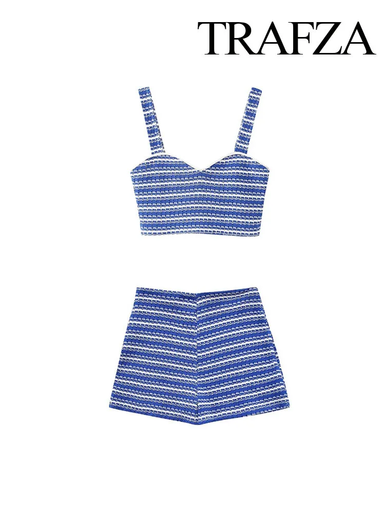 New Women Summer Fashion 2 Piece Set Sexy Blue Stripes Knit Camisole Sleeveless V-Neck Top+Slim Zipper High Waist Shorts