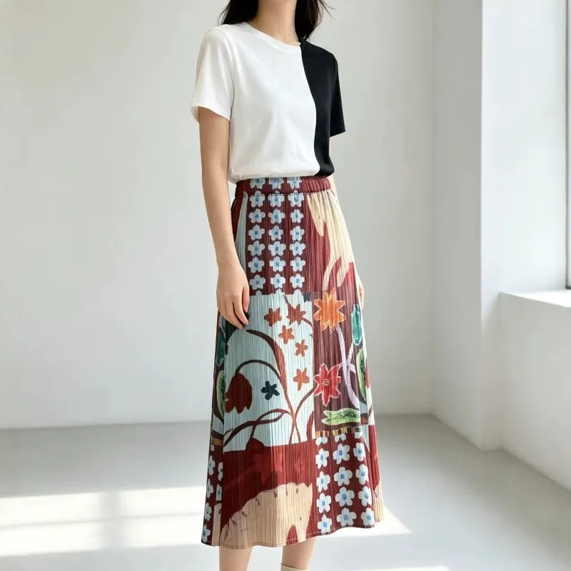Miyake Pleated 2026 Summer New Pleated Side Slit Digital Print Fashion Skirt Casual Comfortable Elegant Versatile A-line Skirt